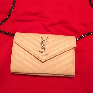 SAINT LAURENTGrain De Poudre Matelasse Chevron Monogram Chain Wallet Pale Pink